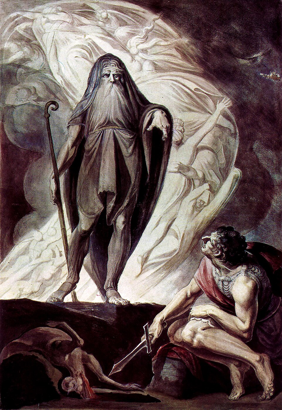 De schim van Tiresias die aan Odysseus verschijnt tijdens het offerritueel, schilderij door Johann Heinrich Füssli, circa 1780–85.